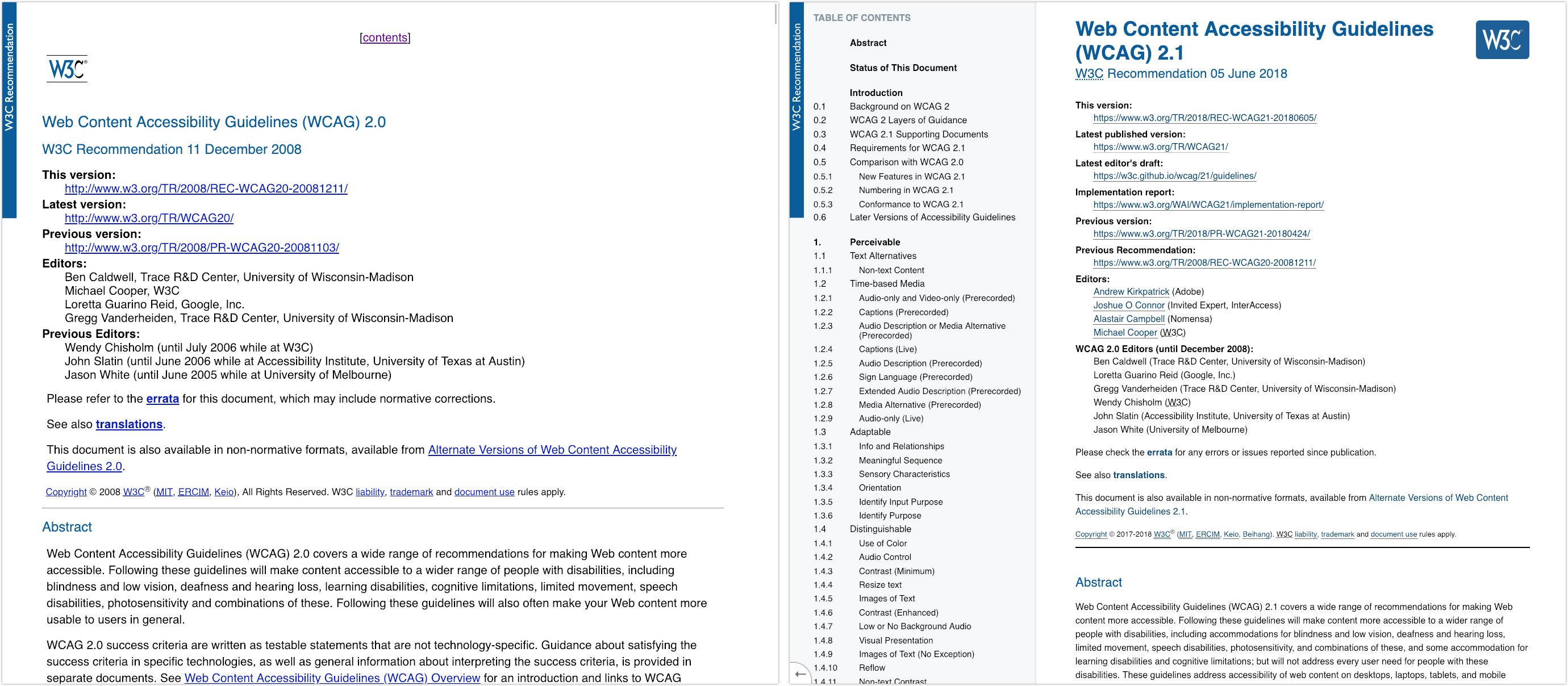 Screenshots of WCAG 2.0 and 2.1 official docs